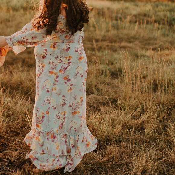 Blue Floral Off Shoulder Ruffle Maternity Maxi - Picture 5 of 6